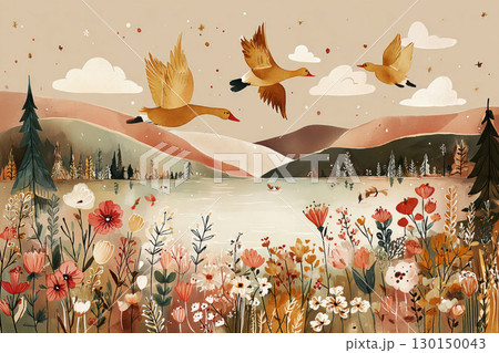 Flying geese glide over a tranquil lake surrounded by blooming autumn flowers and mist. The dawn light highlights the fall scenery, creating a peaceful atmosphere in nature 130150043
