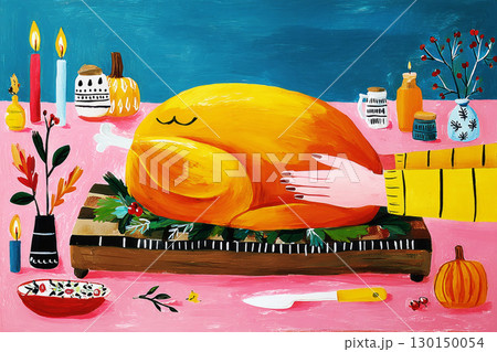 A colorful Thanksgiving Day table displays a perfectly roasted turkey surrounded by candles and autumn decorations. The warm atmosphere sets the stage for a festive gathering 130150054