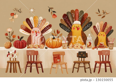 Vibrant fall decorations adorn a kids Thanksgiving table. Colorful mugs, pumpkins, and playful items create a joyful atmosphere for young guests to enjoy their festive meal 130150055