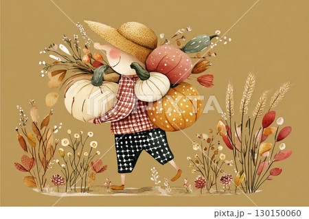 In a charming autumn setting, a person carries a variety of pumpkins, surrounded by colorful flowers and foliage, embodying the spirit of harvest in a serene outdoor environment In a charming autumn setting, a person carries a variety of pumpkins, surrounded by colorful flowers and foliage, embodying the spirit of harvest in a serene outdoor environment 130150060