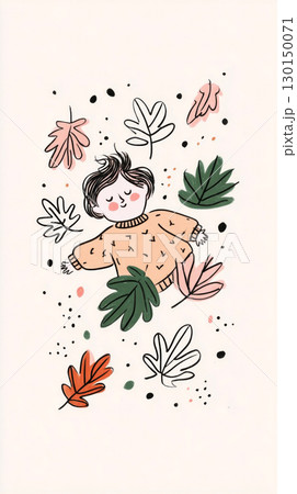 A young girl in a cozy mustard sweater lies happily in a pile of vibrant maple leaves, celebrating the warmth and beauty of the autumn season outdoors A young girl in a cozy mustard sweater lies happily in a pile of vibrant maple leaves, celebrating the warmth and beauty of the autumn season outdoors 130150071