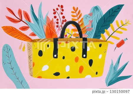 A vibrant yellow tote bag overflows with an array of autumn leaves and bright plants, creating a cheerful contrast against the soft pink background, perfect for fall decor 130150097