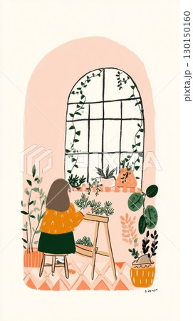 In a cozy autumn environment, a woman wearing a knitted cardigan carefully arranges freshly cut dill and parsley on a wooden drying rack, surrounded by greenery 130150160