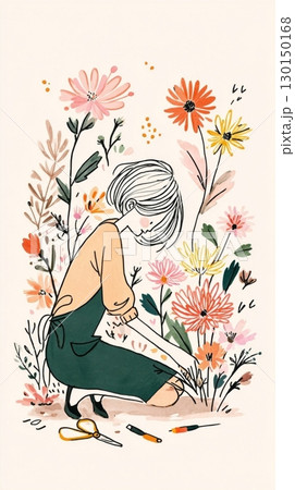 In a small backyard garden, an older white woman gently trims chrysanthemum stems, surrounded by vibrant autumn foliage and seasonal hues of fall 130150168