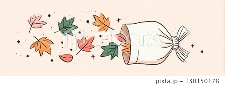 Brightly colored autumn leaves of red, orange, and green are gracefully falling into a woven basket. This captures the essence of fall's beauty and seasonal change 130150178