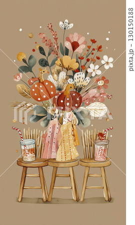 An overhead view captures a joyful Thanksgiving table for kids adorned with vibrant pumpkins, flowers, and playful beverage cups, celebrating the spirit of autumn 130150188