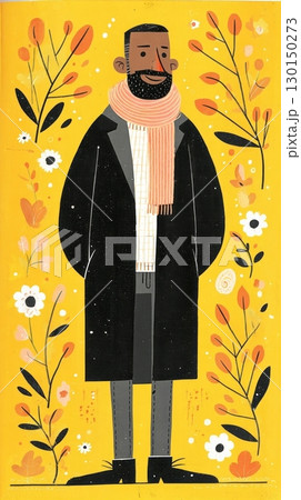 A man stands confidently in a stylish black coat and scarf, surrounded by colorful autumn foliage and flowers on a bright yellow background, capturing the essence of fall 130150273