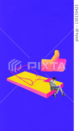 Bold poster. Businessman sitting on mousetrap under bright social media like icon Bold poster. Businessman sitting on mousetrap under bright social media like icon 130150423