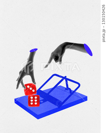 Trendy composition. Hands reaching for red dice on blue mousetrap Trendy composition. Hands reaching for red dice on blue mousetrap 130150426
