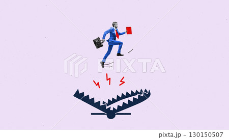 Contemporary artwork. Businessman jumping over bear trap with briefcase and documents 130150507