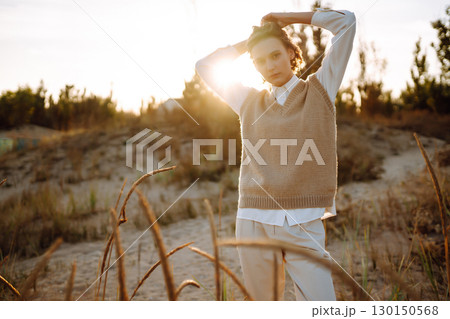Portrait of elegant, luxury woman posing in nature. People, lifestyle, relaxation concept. 130150568