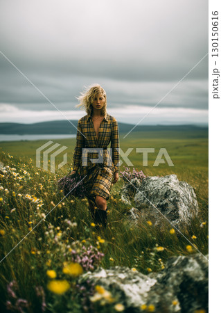 A woman is walking through a field of flowers with a yellow 130150616