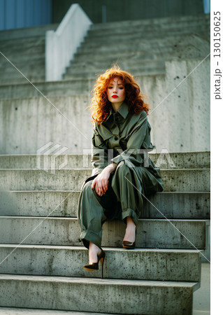 A woman with red hair is sitting on a set of stairs 130150625