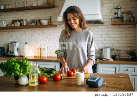 A woman is cutting tomatoes on a wooden table in a kitchen 130150634