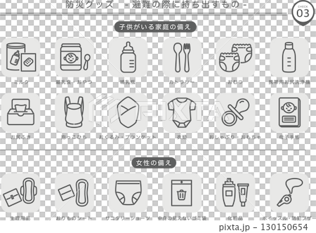 災害防備物資：撤離時需要攜帶的物品（婦女及兒童）_Gray_3 130150654