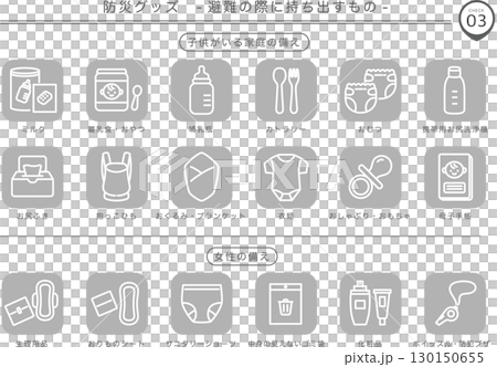 防災グッズ 避難の際に持ち出すもの(女性・子供)_白抜き_3 防災グッズ 避難の際に持ち出すもの(女性・子供)_白抜き_3 130150655