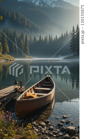 A tranquil lake with a lone canoe tied to a dock A tranquil lake with a lone canoe tied to a dock 130150875