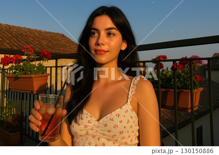 A beautiful woman holding a drink on a balcony at sunset. A beautiful woman holding a drink on a balcony at sunset. 130150886