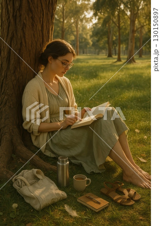 A woman reading a book on a lawn at sunset 130150897