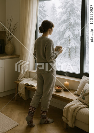 A woman in cozy pajamas looking out a snowy window A woman in cozy pajamas looking out a snowy window 130150927