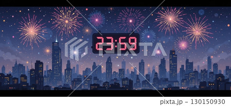 Digital clock counting down to New Year with fireworks over city 130150930