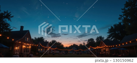 Cozy neighborhood with houses and string lights under starry night 130150962
