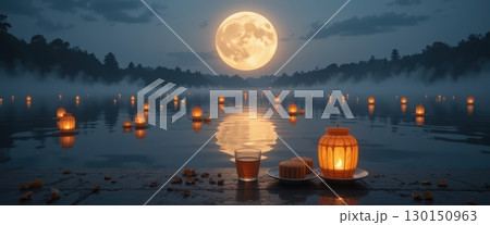 Full moon over a lake with floating lanterns and warm beverages 130150963