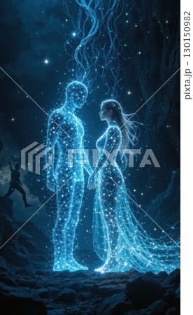 Ethereal Connection Between Two Glowing Human Figures 130150982