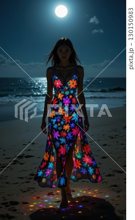 Woman in a Luminous Floral Dress on a Beach at Night 130150983