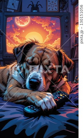 A Sleeping Dog Holding a Remote in a Dreamy Room 130151056