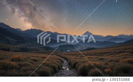 A winding path through a vast and serene landscape 130151088