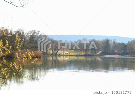 Peaceful Autumn Lake Surrounded By Vibrant Colorful Trees 130151773