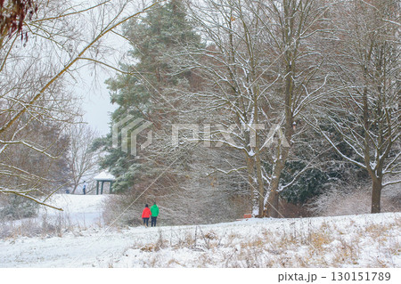 People Walking Through Snowy Forest by Lake 130151789