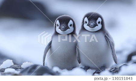 Adorable Baby Penguins Standing Together on Snowy Antarctic 130151843