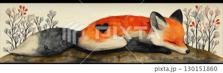Peaceful fox resting in an illustrated nature setting with heart design on its fur Peaceful fox resting in an illustrated nature setting with heart design on its fur 130151860