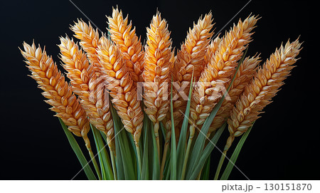 Close-Up of Golden Wheat Stalks Against Black Background 130151870