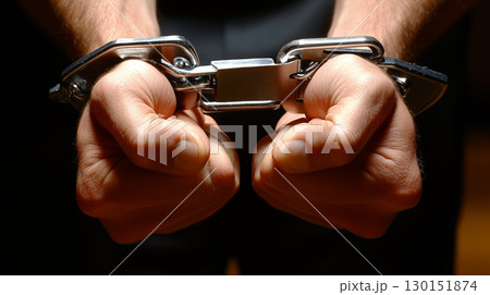 Close-Up of Hands in Metal Handcuffs Under Dramatic Lighting Close-Up of Hands in Metal Handcuffs Under Dramatic Lighting 130151874