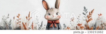 Cute Cartoon Bunny in a Nature Scene Surrounded by Colorful Flowers and Soft Textures 130151882