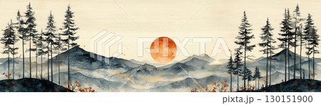 Serene Sunset Landscape with Silhouetted Trees and Soft Mountains in Watercolor Art Style Serene Sunset Landscape with Silhouetted Trees and Soft Mountains in Watercolor Art Style 130151900