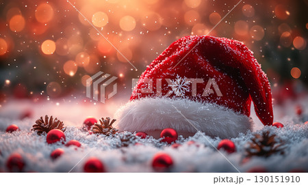 Festive Red Santa Hat and Pine Cones in Snowy Christmas Setting Festive Red Santa Hat and Pine Cones in Snowy Christmas Setting 130151910