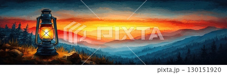 Tranquil Lantern Glow Over Scenic Mountain Landscape at Dawn with Colorful Sky and Silhouettes 130151920