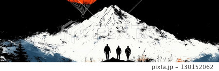 Adventurers Standing Before Snow-Capped Mountain with Colorful Paragliding Balloon in Sky 130152062