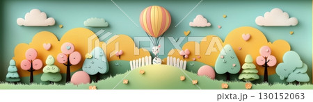 Whimsical Rabbit with Hot Air Balloon in Colorful Nature Landscape Made with Paper Art 130152063