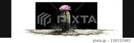 Cactus Blooming with Pink Flower Against Black Background in Desert Landscape Scene Cactus Blooming with Pink Flower Against Black Background in Desert Landscape Scene 130152065