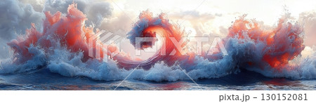 Majestic Ocean Wave Surging with Ethereal Pink and Blue Hues Under Golden Sunrise Clouds 130152081