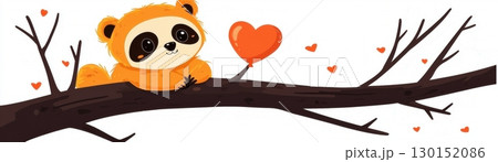 Cute Cartoon Panda Relaxing on a Branch with Heart Balloons in a Whimsical Style Cute Cartoon Panda Relaxing on a Branch with Heart Balloons in a Whimsical Style 130152086