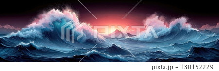 Majestic Ocean Waves at Sunset with Vibrant Sky and Stormy Horizon in Artful Landscape Majestic Ocean Waves at Sunset with Vibrant Sky and Stormy Horizon in Artful Landscape 130152229
