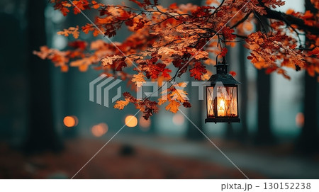 Lantern Hanging on Branch in Autumn Forest with Beautiful Fall Foliage and Soft Glow 130152238