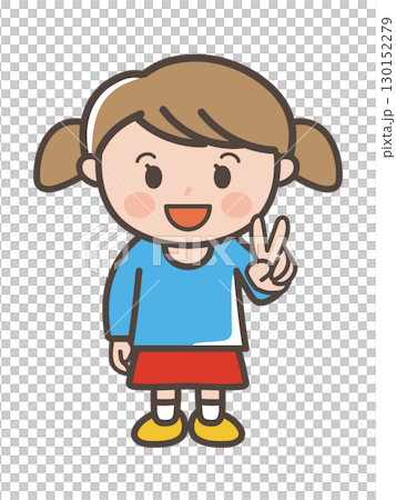 笑顔でピースをする女の子の全身イラスト 130152279