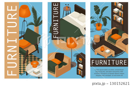 Interior furniture isometric vertical banners set. Poster layouts with living room and sofa bedroom with armchairs, chairs, bed, coffee tables, plants in pot, shelf, decoration. Vector illustration. 130152621